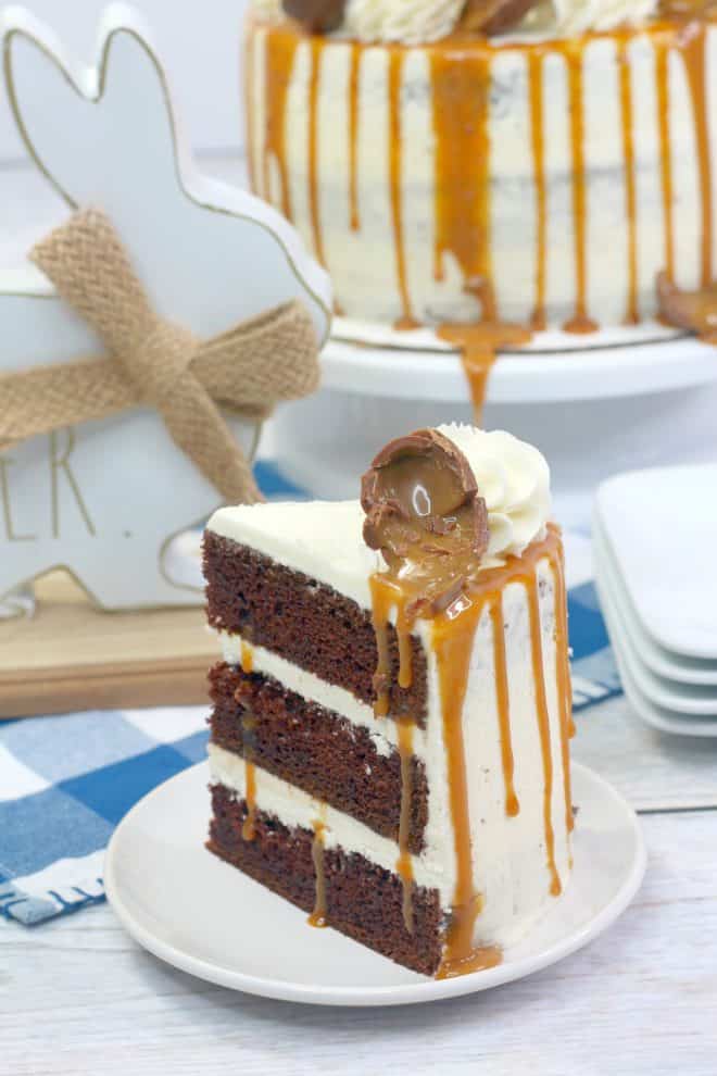 One Slice of Chocolate Cake with Vanilla Frosting on white plate