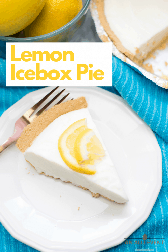 Slice of Lemon Icebox Pie on a white plate with a gold fork