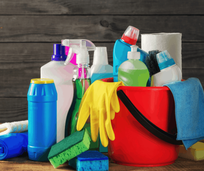 Cleaning Products in red bucket