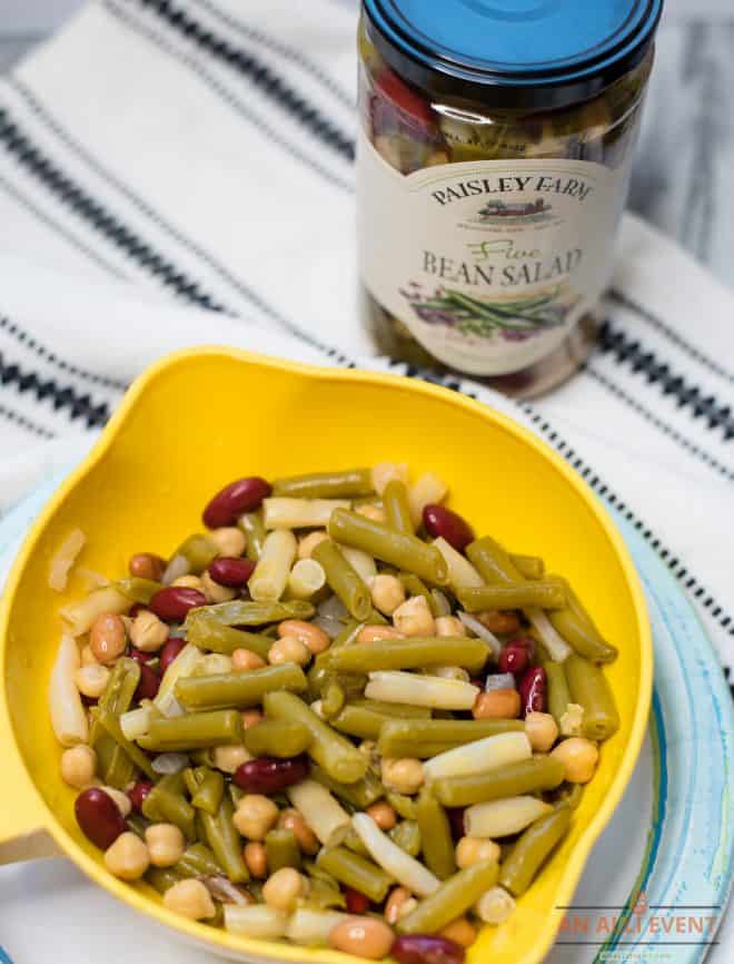 Five Bean Salad in yellow colander