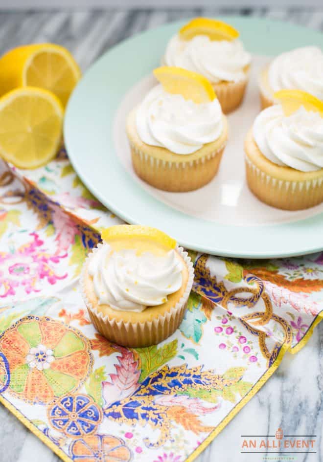 Lemon Cupcakes on a white plate with blue border