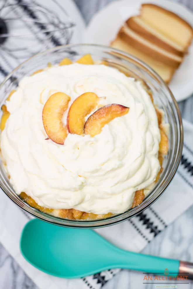 Layered Peach Trifle in Glass Bowl