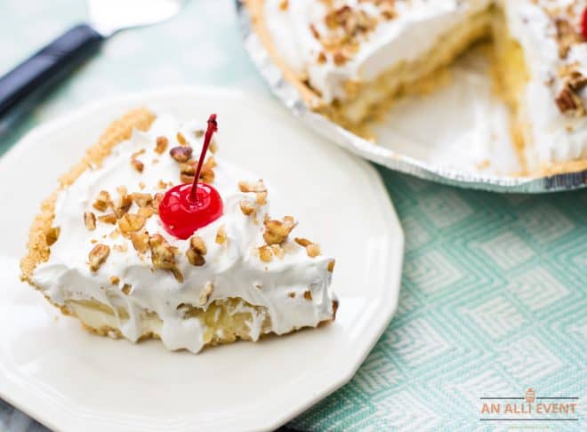 Slice of Banana Split Pie with cherry on top