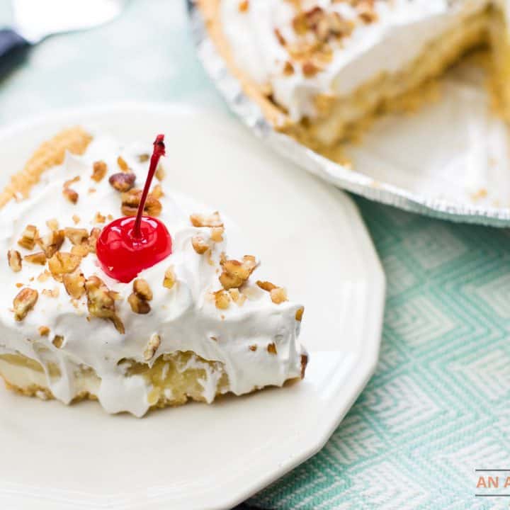 Slice of Banana Split Pie with cherry on top