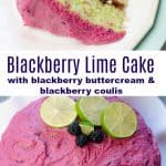 Blackberry Lime Cake With Blackberry Buttercream on a white cake plate