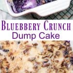 Blueberry Crunch Dessert in a 9x13 baking pan. Topped with pecans and sprinkled with sugar