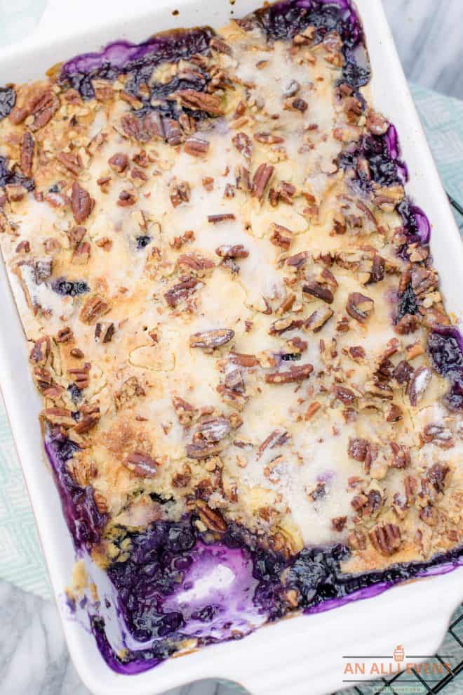 Blueberry Crunch Dump Cake in baking pan After Baking