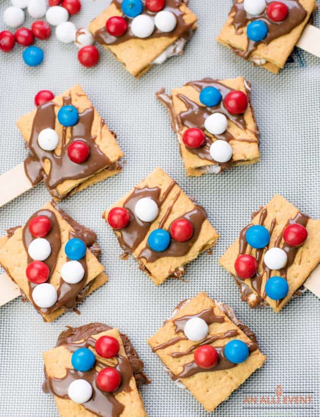 S'Mores topped with melted chocolate and red, white and blue M&M's