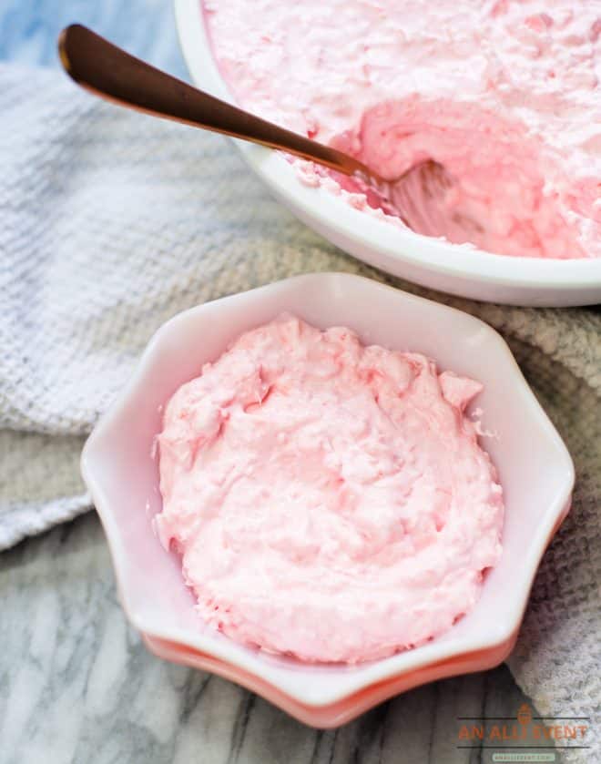 Serving of Pink Cloud Salad in a scalloped pink bowl