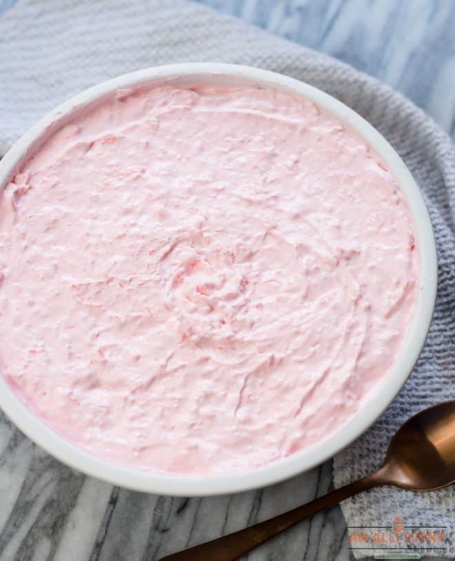 Pink Cloud Jello Salad in white bowl