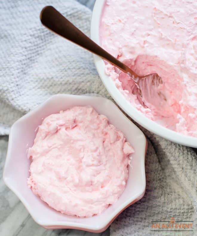 Pink Cloud Jello Salad in white bowl