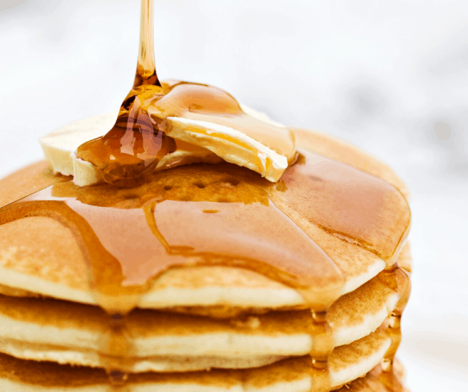 Stack of gingerbread coffee pancakes with butter and syrup