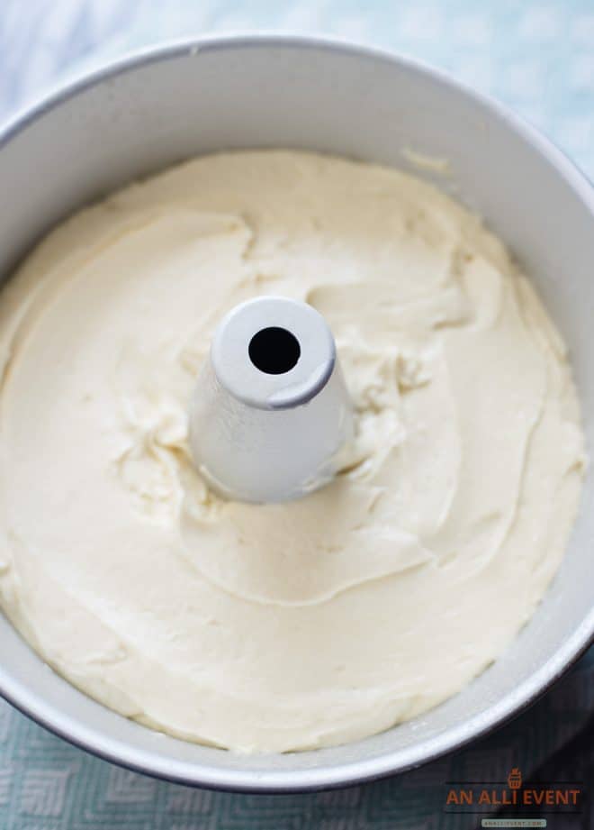 Cream Cheese Pound Cake Batter in a tube pan right before baking