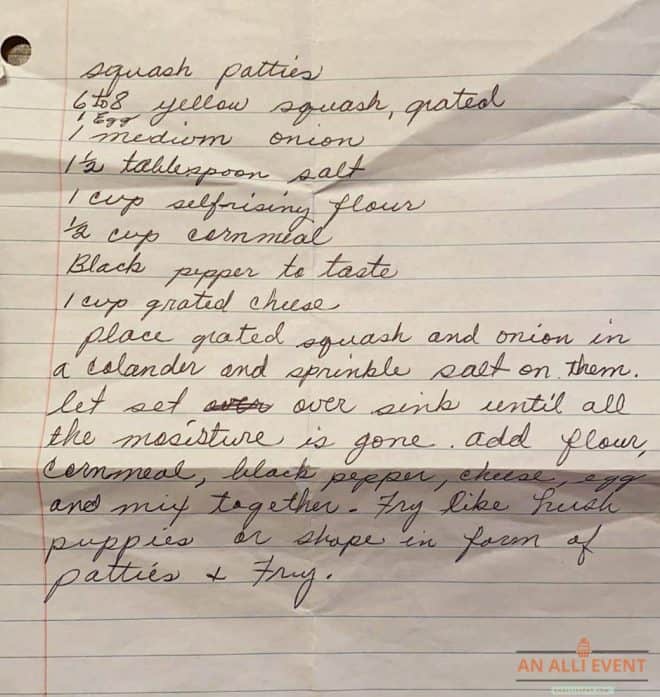 Handwritten recipe for Squash Patties