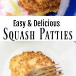 squash patties in blue plate plus one serving on white plate