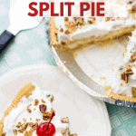 Slice of Banana Split Pie on white plate with whole pie in background