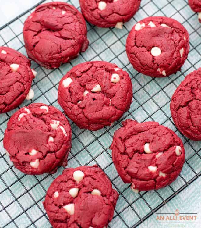 Cake Mix Red Velvet Cookies on a black wire rack 