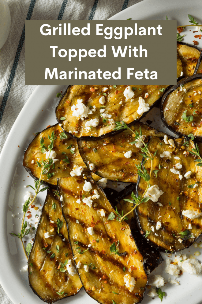 Grilled Eggplant With Marinated Feta Cheese on White Platter