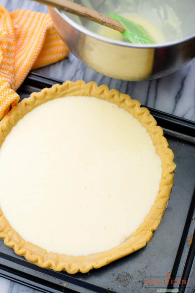 cream cheese mixture poured over crushed pineapple in pie shell