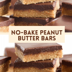 Chocolate Peanut Butter Bars stacked up with white background