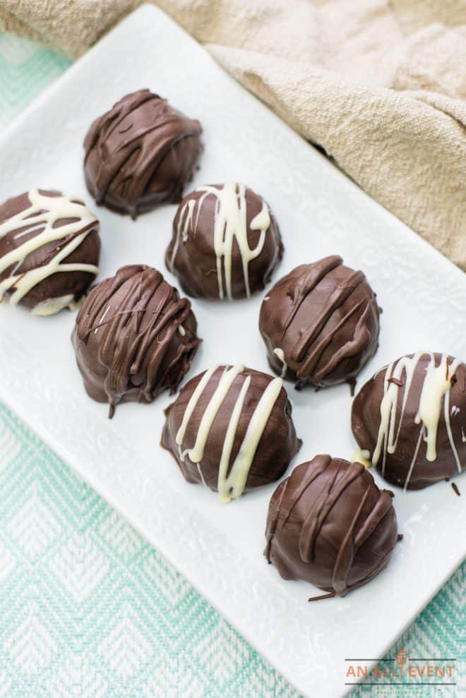 Chocolate Oreo Truffles on white platter