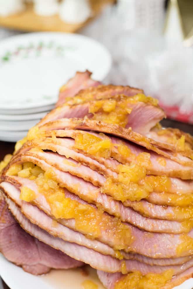 Pineapple Peach Glazed Ham on White Platter
