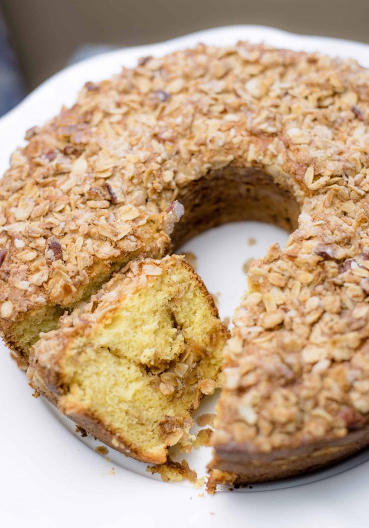 Banana Crunch Cake on a white serving platter