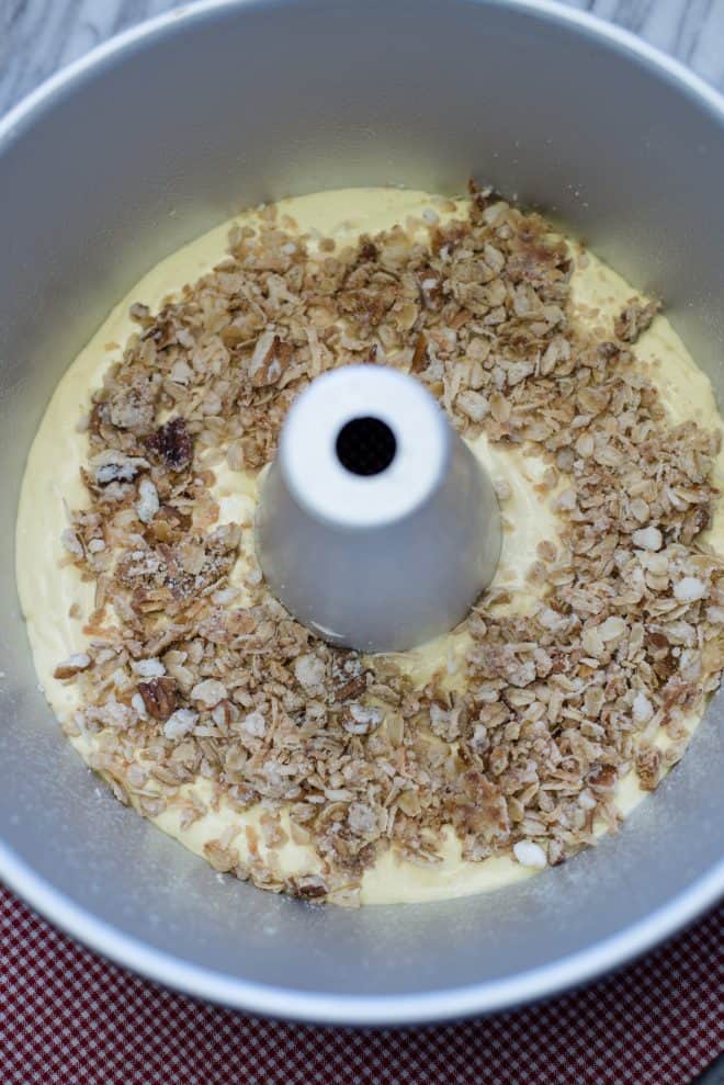 Banana Crunch Cake in a tube pan before baking