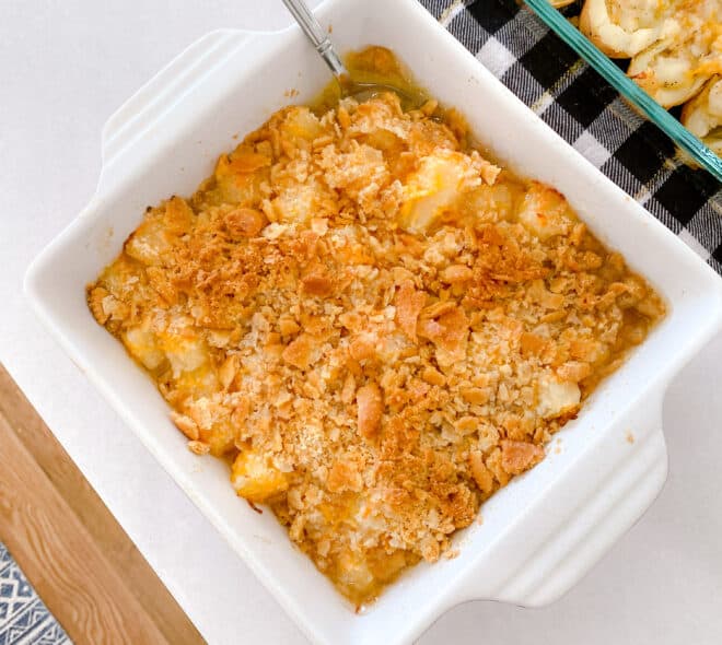 southern pineapple casserole in 8x8 white baking pan