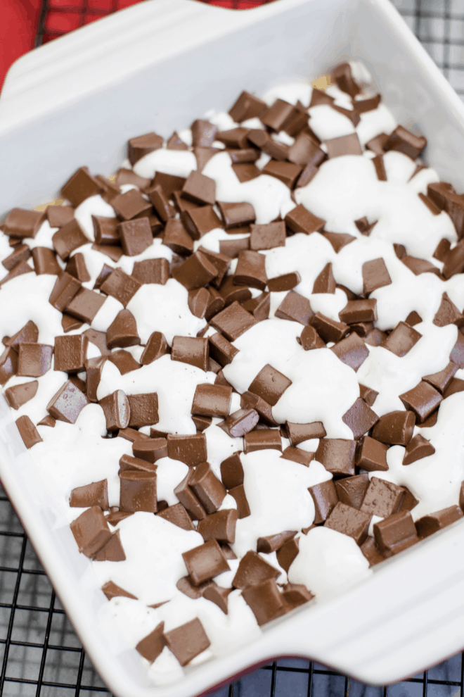 Easy Baked S'Mores Bars in a 9-inch baking pan ready to cut and eat