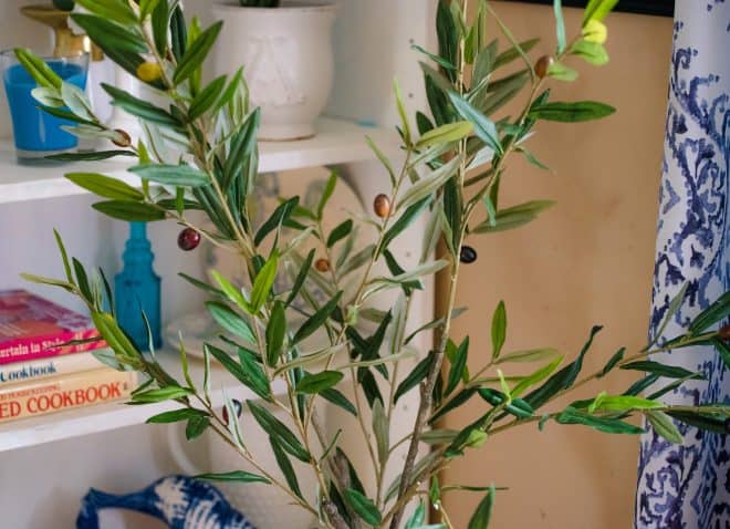 Close-up photo of faux olive tree showing all the faux olives on the tree