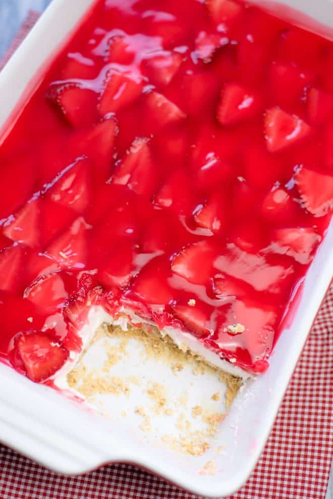 Strawberry Delight Layered Dessert in a 9x13 baking pan