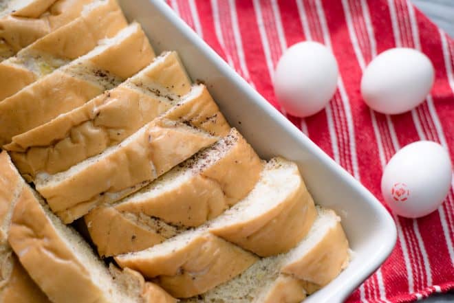 french bread with egg mixture poured over it