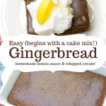 easy gingerbread on a white dessert dish and topped with whipped cream and lemon sauce