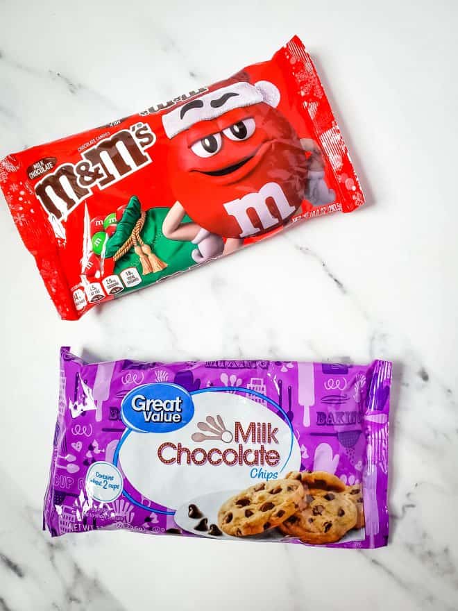 Ingredients For Easy Chocolate Bark - Bag of M&Ms and a bag of Chocolate Chips