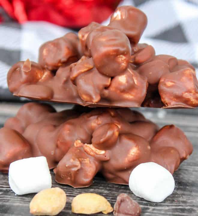 Close Up Photo of milk chocolate candy filled with peanuts and marshmallows