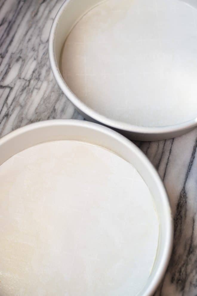 parchment lined round 9-inch cake pans