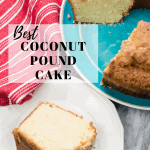 Coconut Pound Cake with a slice removed and placed on a dessert plate in front of the cake