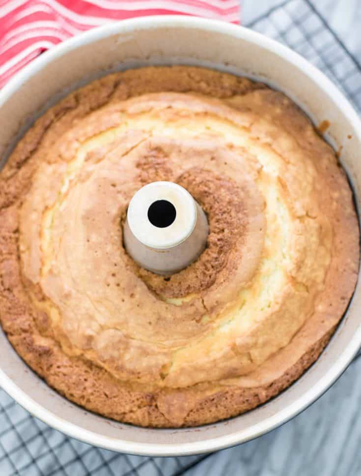 Pound Cake cooling in tube pan on wire rack