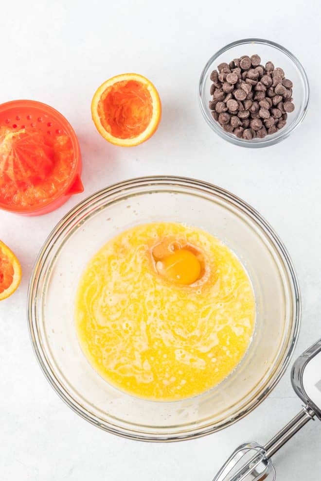 liquid ingredients ready to be mixed together to make orange chocolate chip muffins