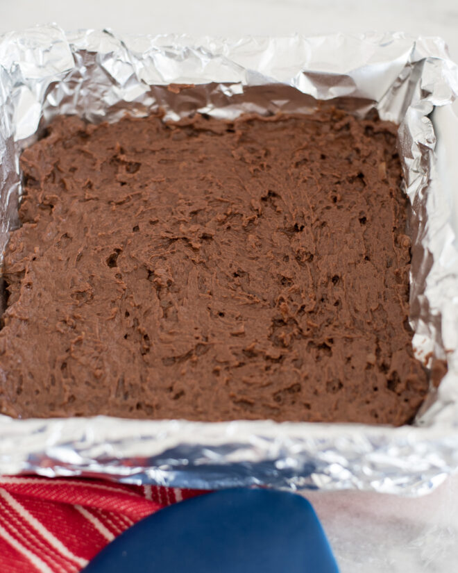 German Chocolate Fudge in baking pan ready to refrigerate until firm