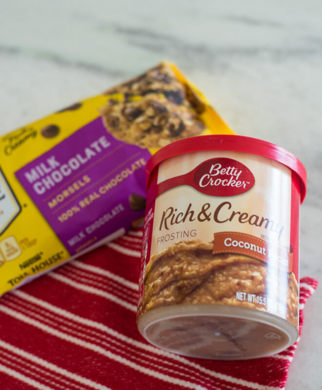 Ingredients For German Chocolate Fudge - can of frosting and milk chocolate chip morsels