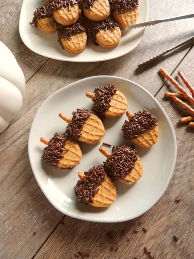 nutter butter acorn cookies on a white platter