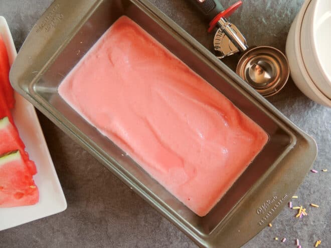 watermelon ice cream frozen in a loaf pan