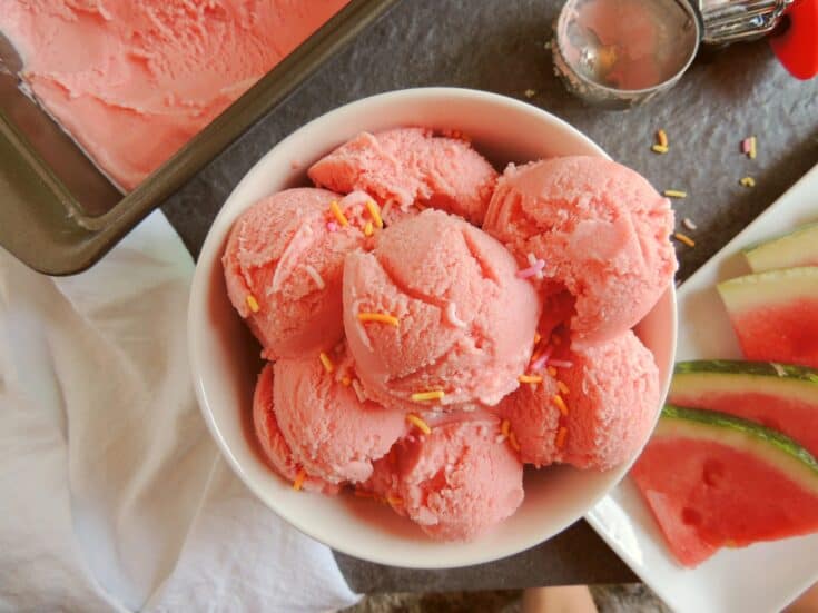 watermelon ice cream in a white serving bowl