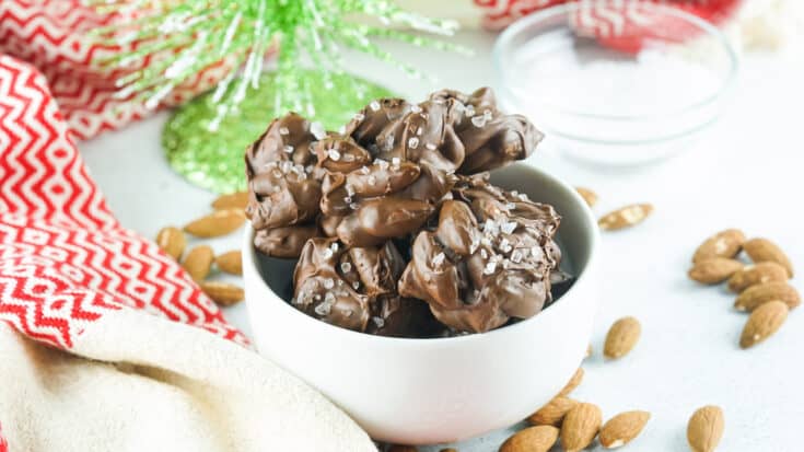 Chocolate Almond Clusters With Sea Salt in a white bowl