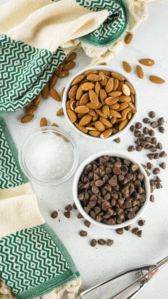 Ingredients You'll Need To Make Chocolate Almond Clusters - almonds, sea salt and chocolate chips