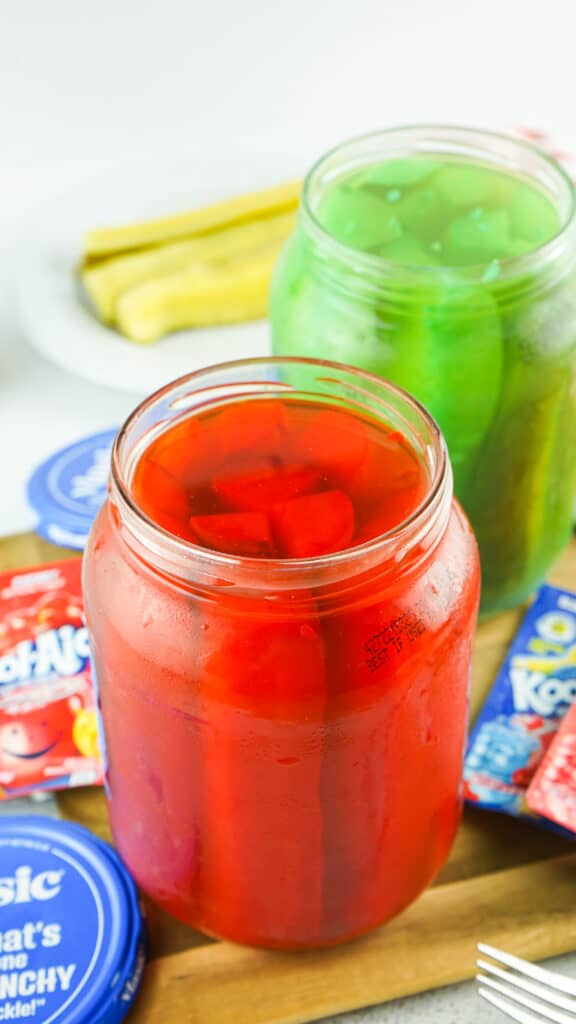 Vibrant Colored Kool Aid Pickles in jars