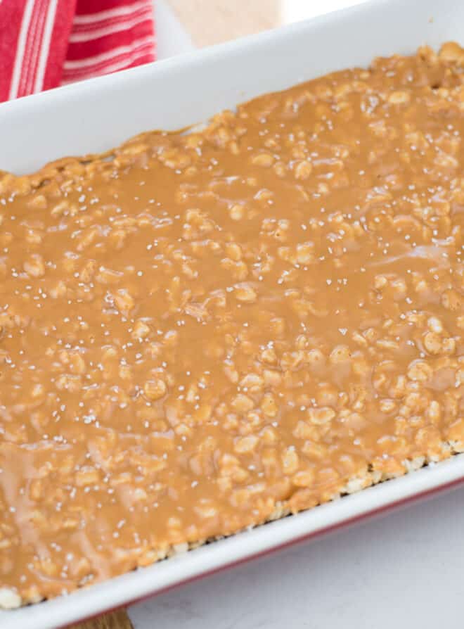 kosher salt sprinkled on top of caramel - salted caramel rice Krispie bars