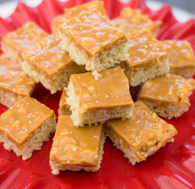 side view of salted caramel rice krispie bars